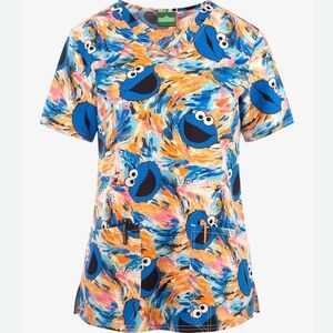 NWT Cherokee Women’s Tooniforms Cookie Monster Finger Paint Scrub Top Sz Medium